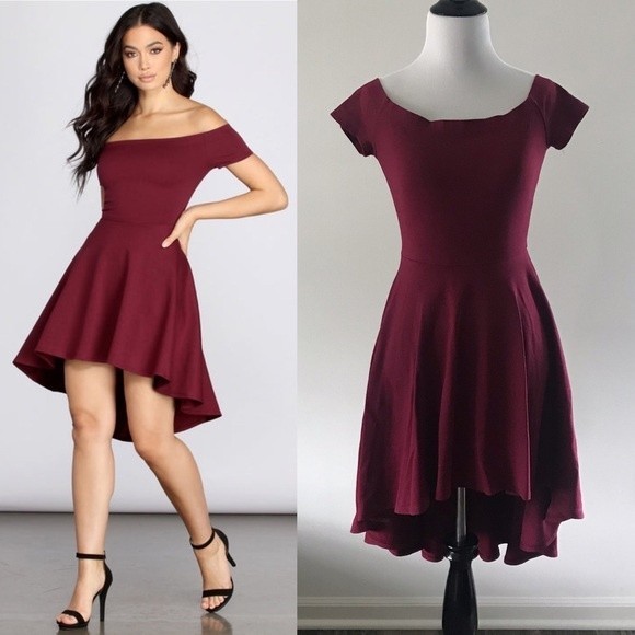 Windsor Dresses & Skirts - Windsor All the Rage Skater Dress Hi Low Off the Shoulder Burgundy Red - Small